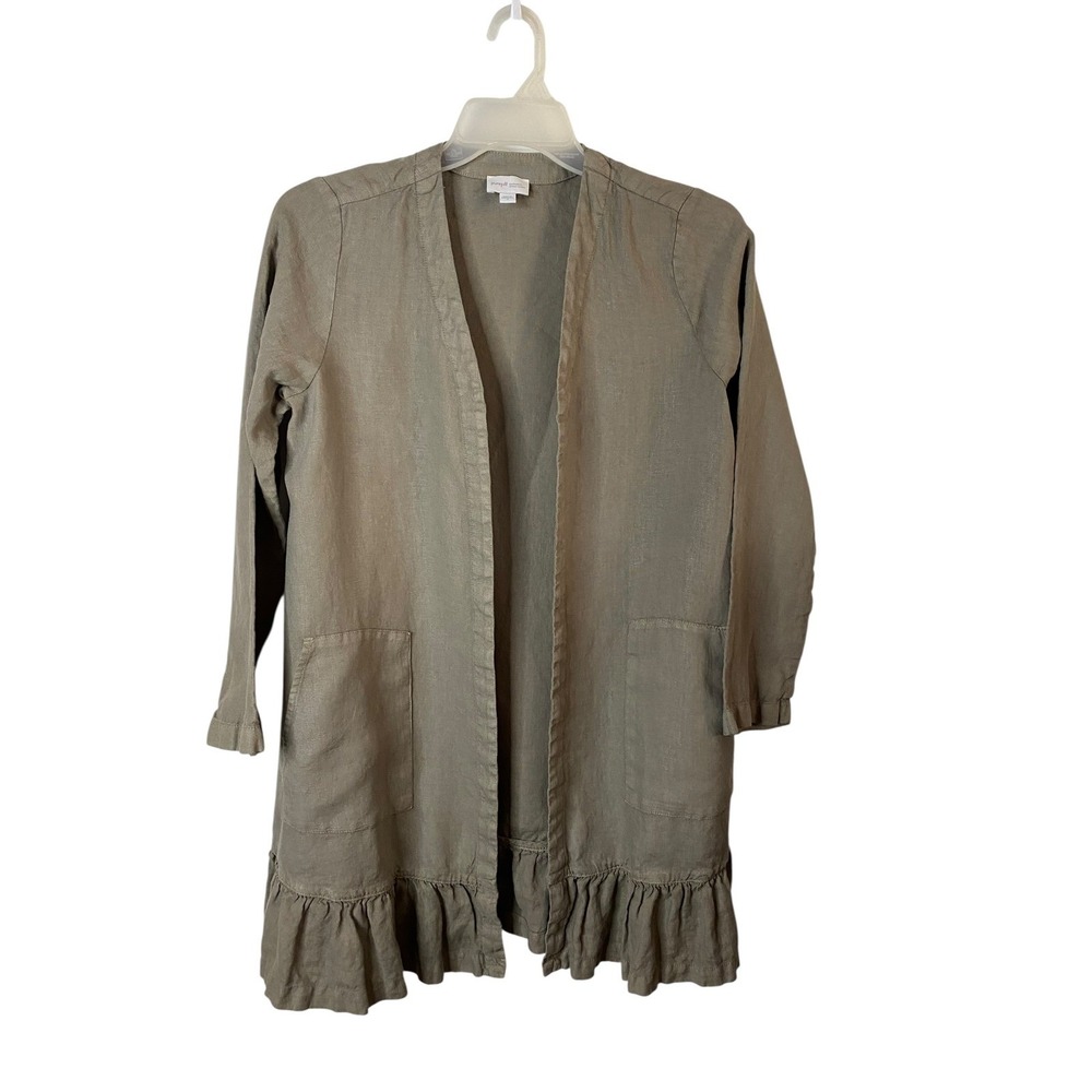 J. Jill Pure Jill Linen Open Front Cardigan Sage Green Ruffle Hem Pockets Small